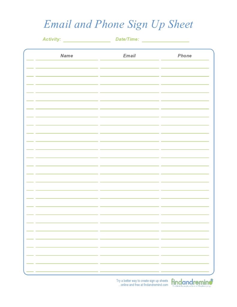 Printable Email Sign Up Sheet