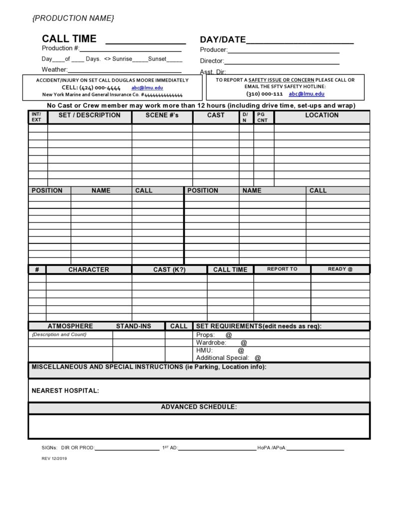 film call sheet template